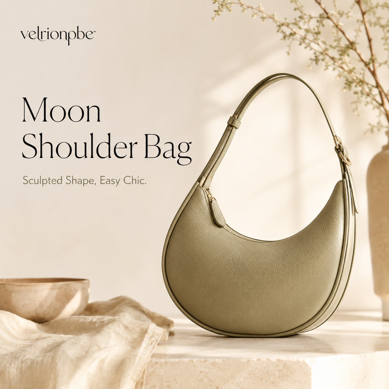 Sculpted Moon Shoulder Bag, Curved Minimal Hobo Purse with Adjustable Strap