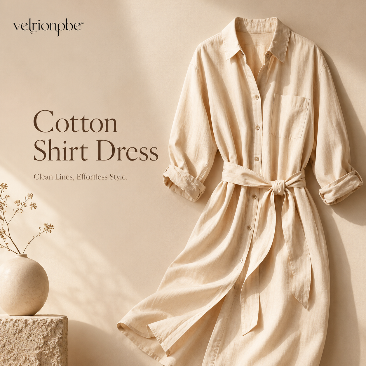 Women's Cotton Shirt Dress, Belted Button-Front Midi Dress with Long Sleeves and Pockets