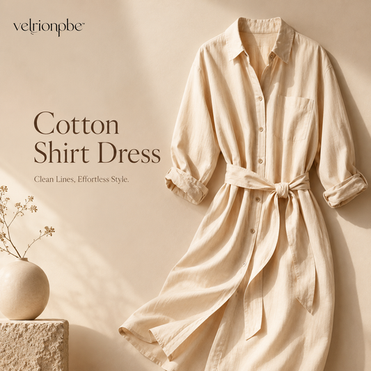 Women's Cotton Shirt Dress, Belted Button-Front Midi Dress with Long Sleeves and Pockets