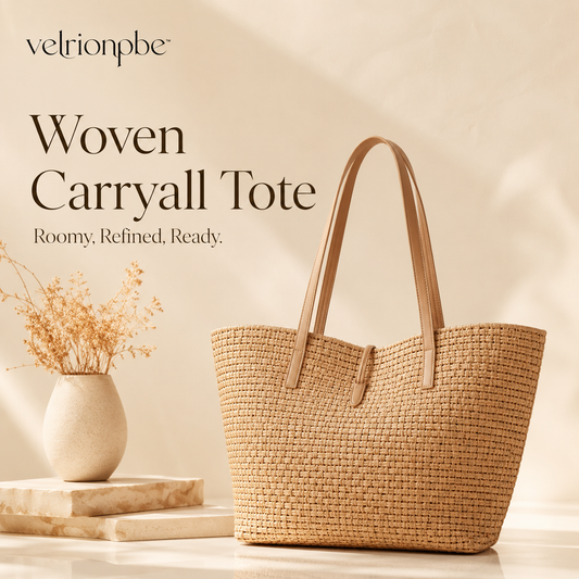 Woven Carryall Tote Bag, Large Straw-Style Shoulder Shopper for Work, Beach and Travel