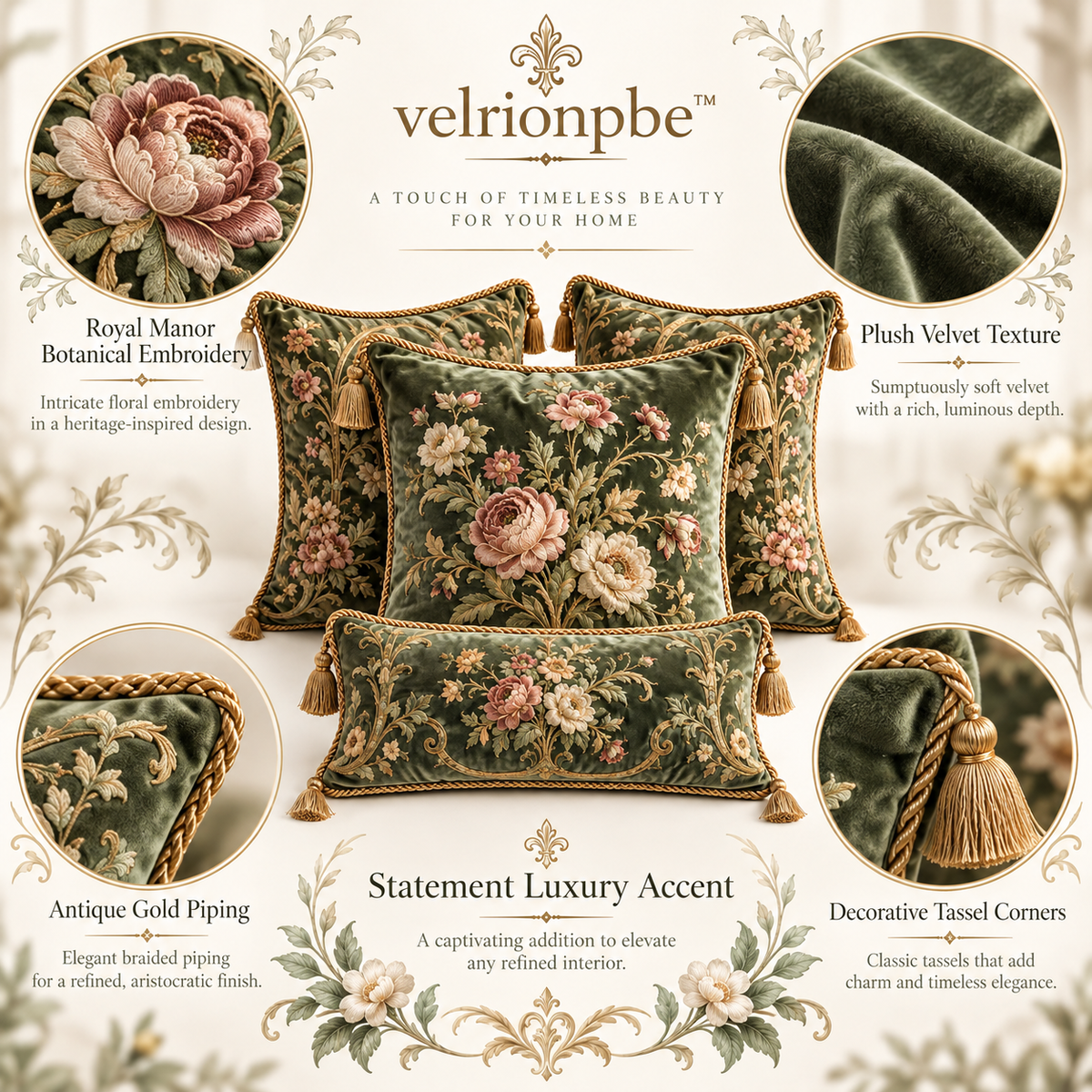 𝒗𝒆𝒍𝒓𝒊𝒐𝒏𝒑𝒃𝒆™ Royal Manor Botanical Velvet Cushion Collection