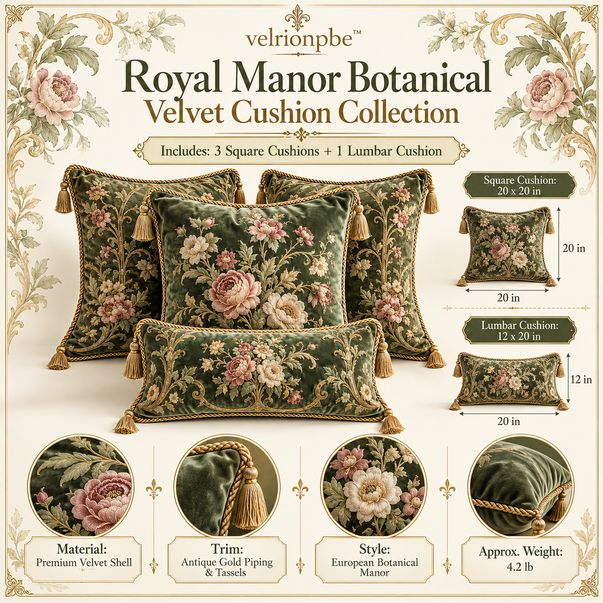 𝒗𝒆𝒍𝒓𝒊𝒐𝒏𝒑𝒃𝒆™ Royal Manor Botanical Velvet Cushion Collection
