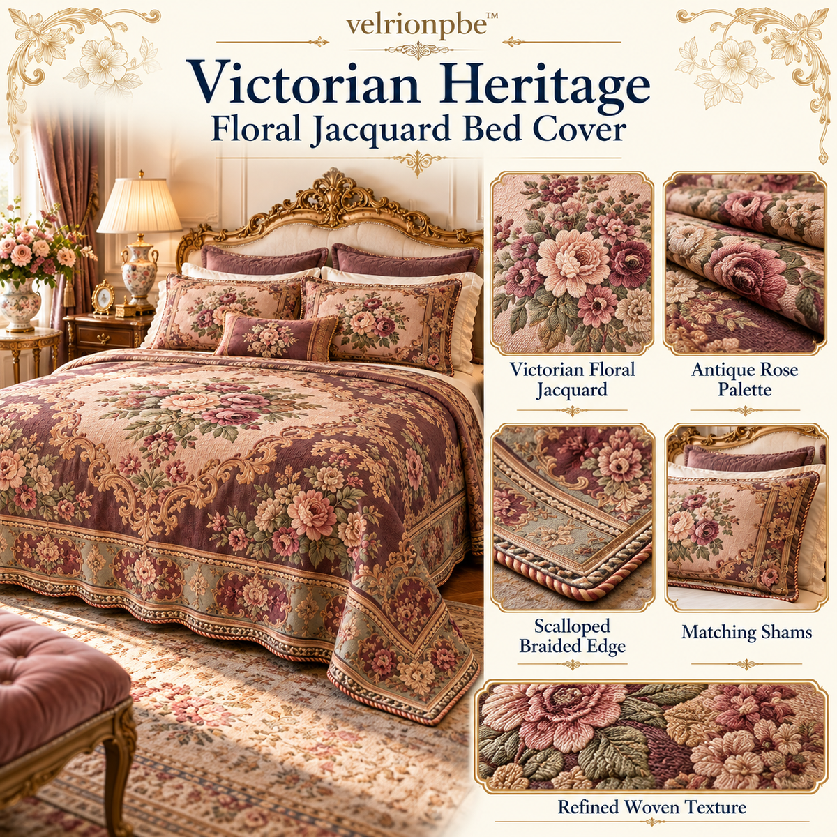 Victorian Heritage Floral Jacquard Bed Cover luxury bedding