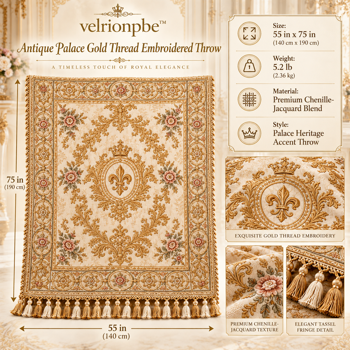 𝒗𝒆𝒍𝒓𝒊𝒐𝒏𝒑𝒃𝒆™ Antique Palace Gold Thread Embroidered Throw