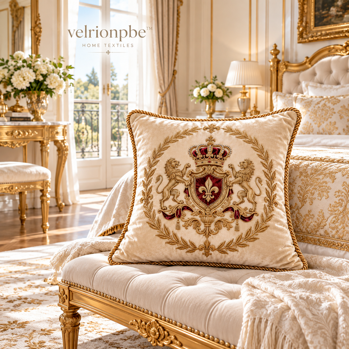 𝒗𝒆𝒍𝒓𝒊𝒐𝒏𝒑𝒃𝒆™ Royal Crest Embroidery Luxury Decorative Pillow