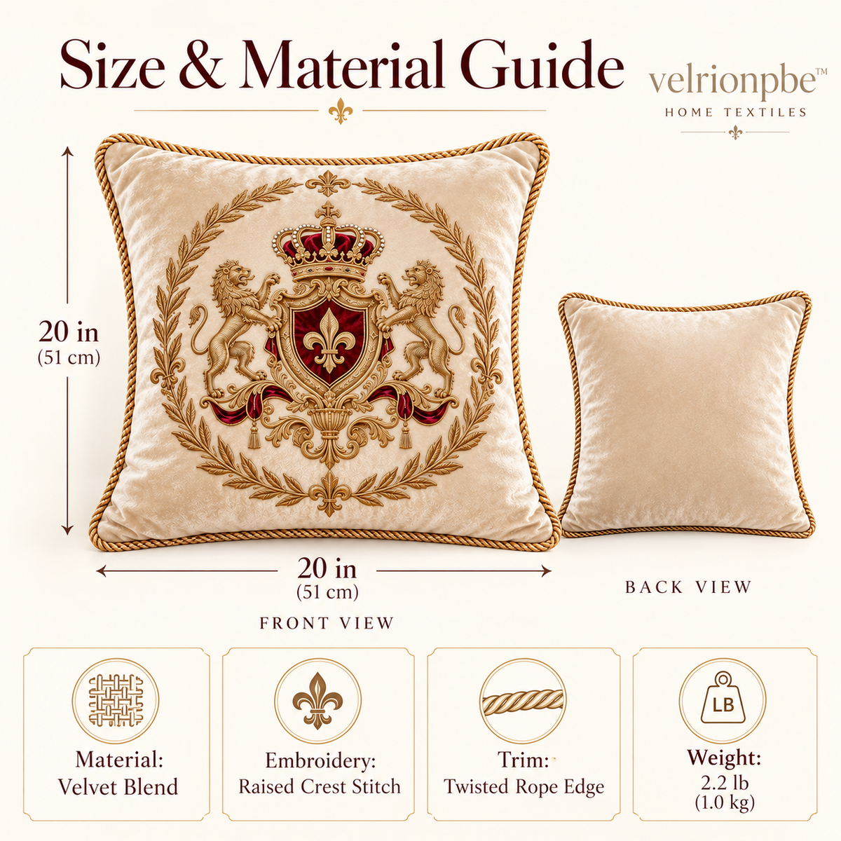 𝒗𝒆𝒍𝒓𝒊𝒐𝒏𝒑𝒃𝒆™ Royal Crest Embroidery Luxury Decorative Pillow
