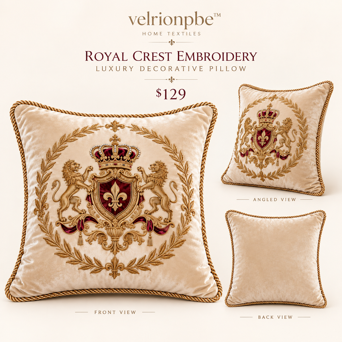 𝒗𝒆𝒍𝒓𝒊𝒐𝒏𝒑𝒃𝒆™ Royal Crest Embroidery Luxury Decorative Pillow