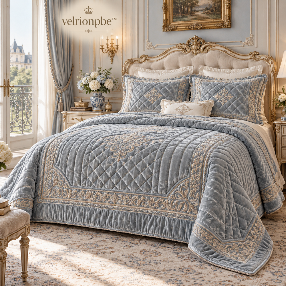 French Chateau Soft Velvet Quilted Coverlet styled on a layered bed