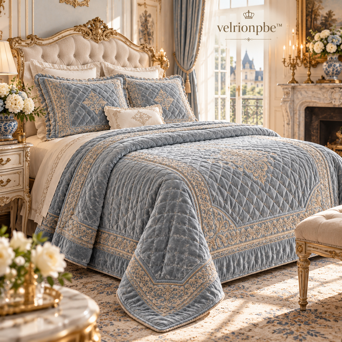 French Chateau Soft Velvet Quilted Coverlet styled on a layered bed