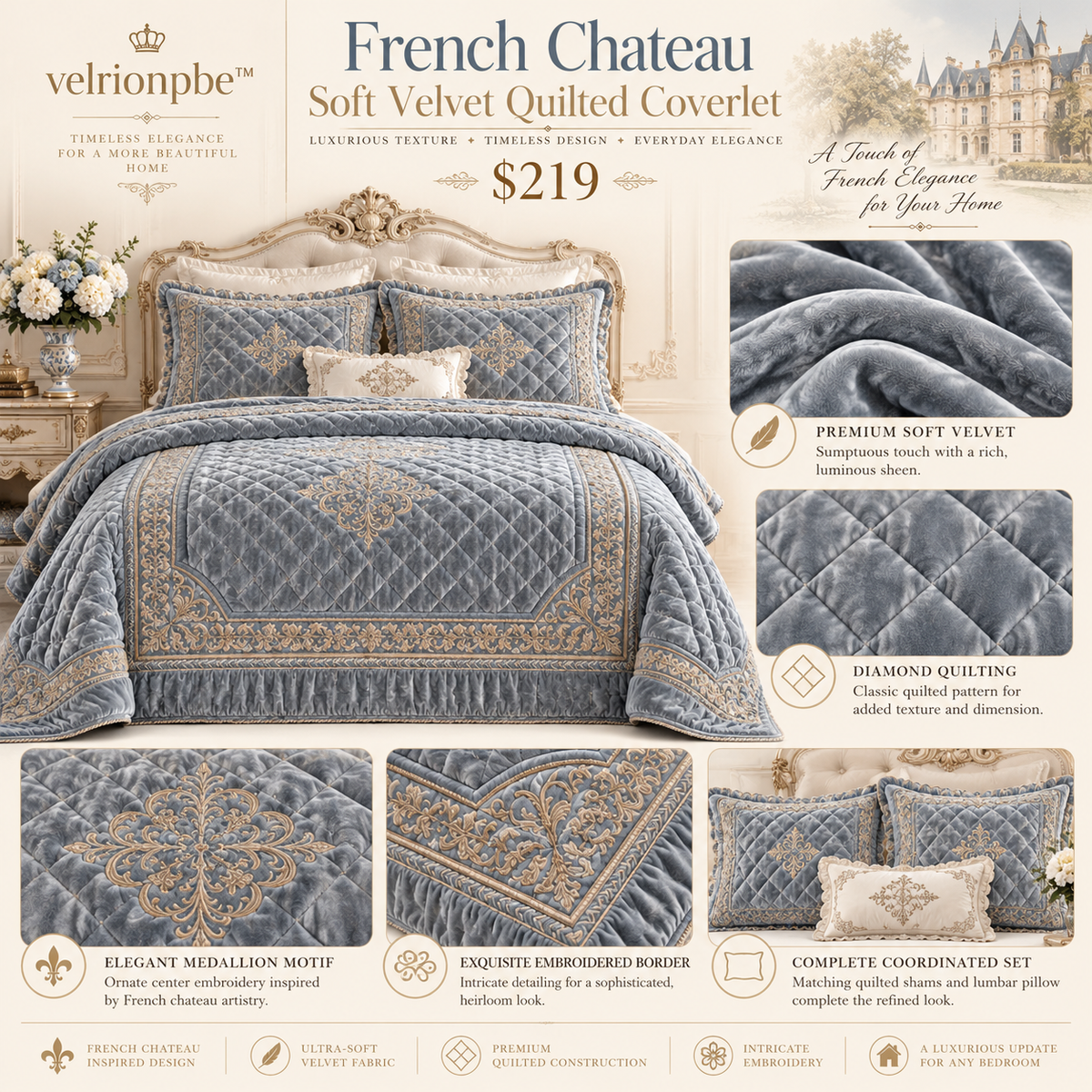 French Chateau Soft Velvet Quilted Coverlet styled on a layered bed