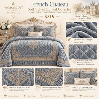 French Chateau Soft Velvet Quilted Coverlet styled on a layered bed