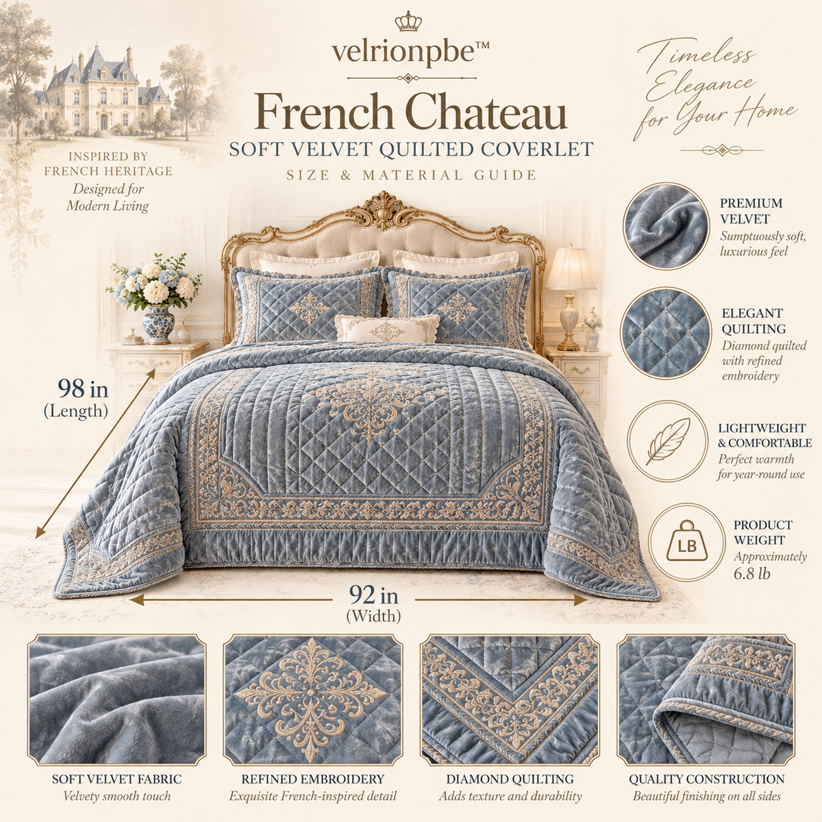 French Chateau Soft Velvet Quilted Coverlet styled on a layered bed