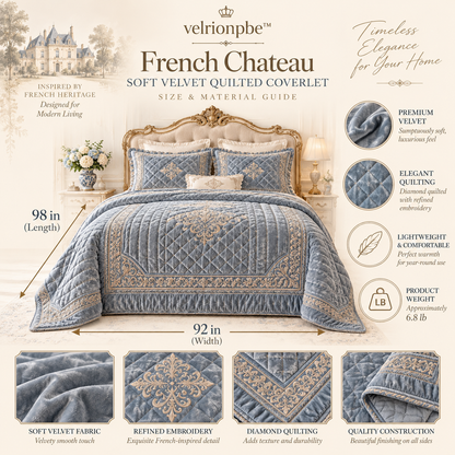 French Chateau Soft Velvet Quilted Coverlet styled on a layered bed