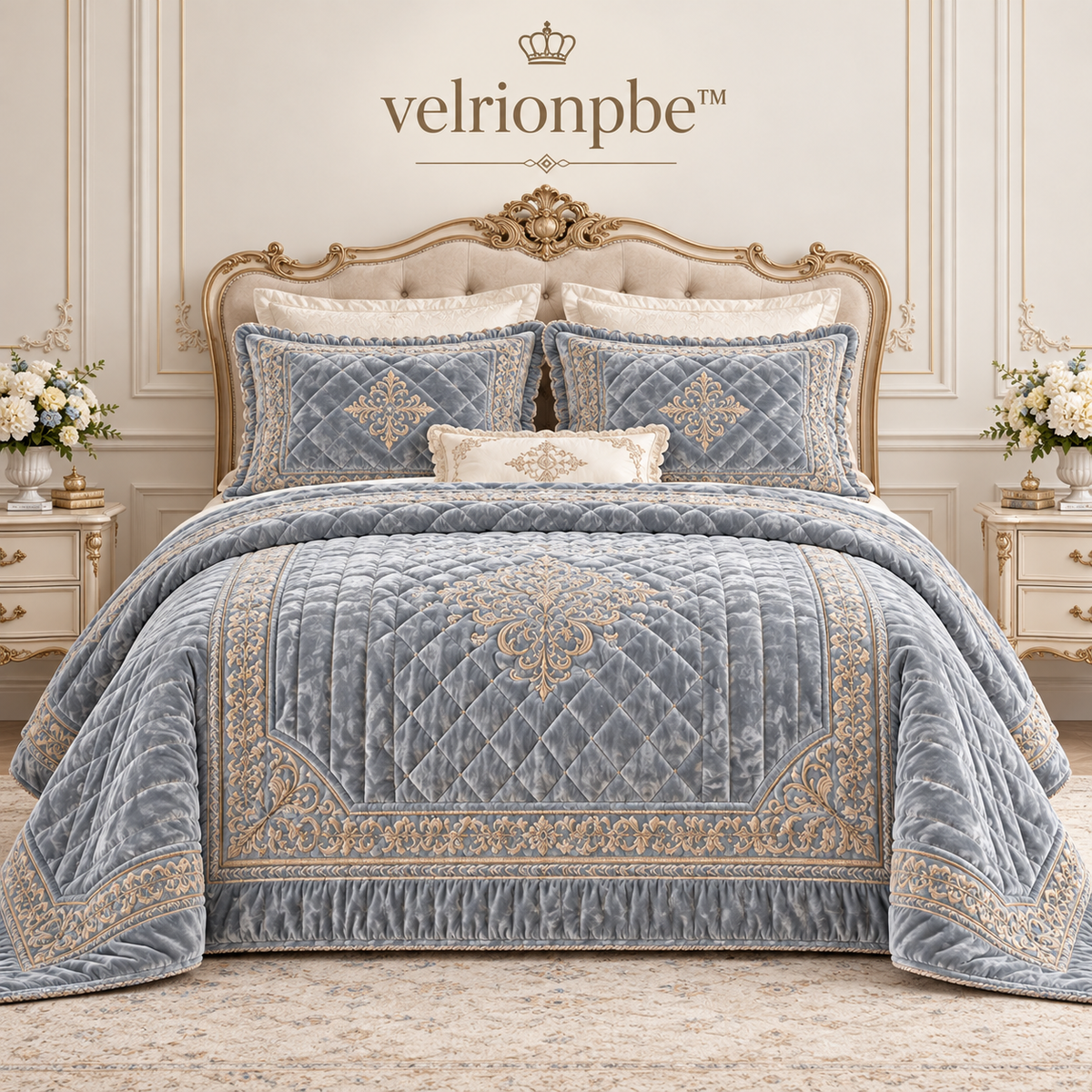 French Chateau Soft Velvet Quilted Coverlet styled on a layered bed