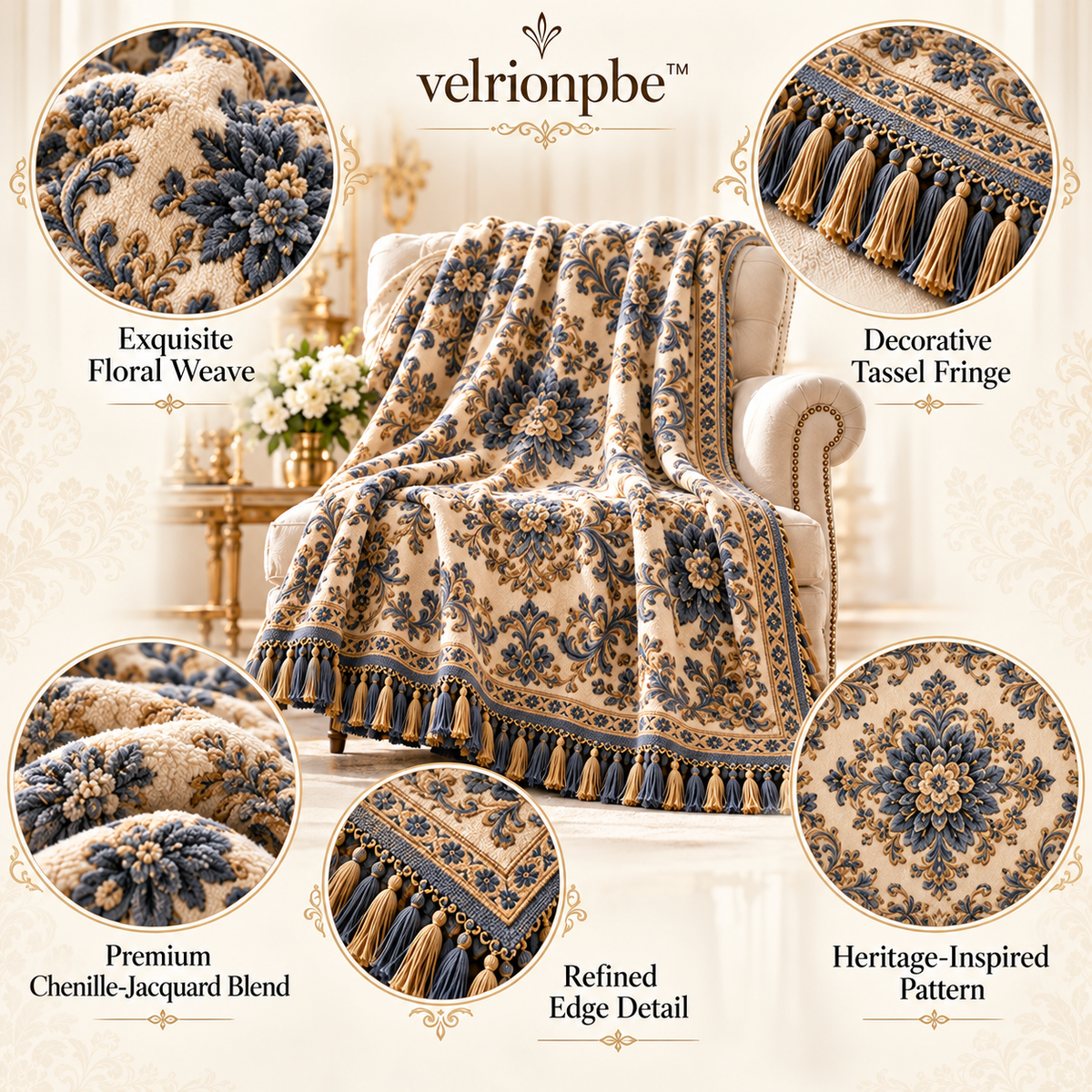 𝒗𝒆𝒍𝒓𝒊𝒐𝒏𝒑𝒃𝒆™ Baroque Floral Heritage Sofa Throw Blanket