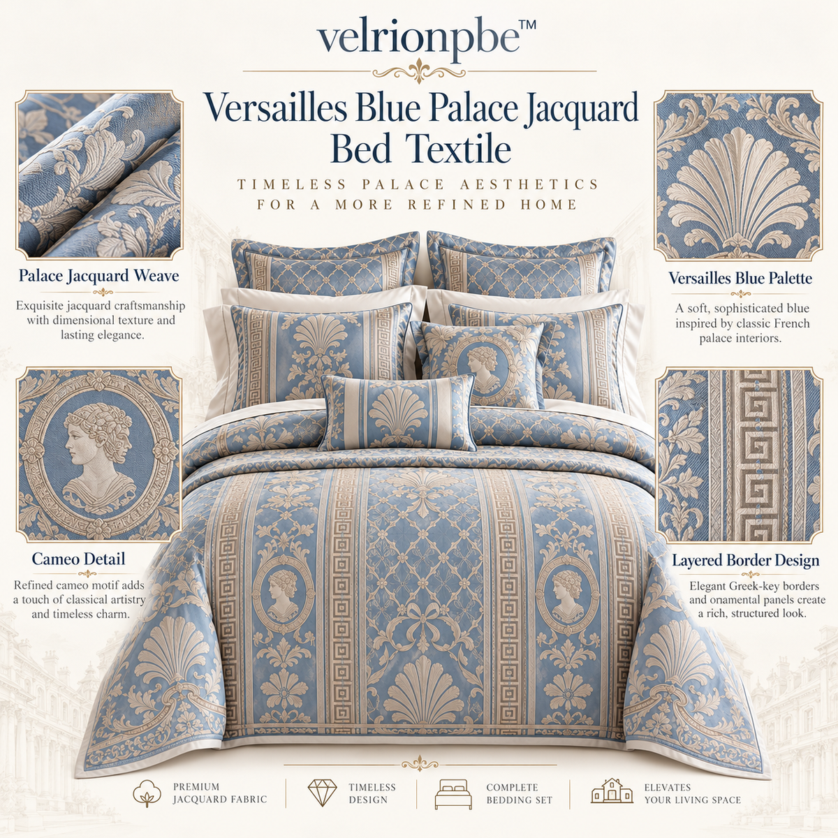 𝒗𝒆𝒍𝒓𝒊𝒐𝒏𝒑𝒃𝒆™ Versailles Blue Palace Jacquard Bed Textile