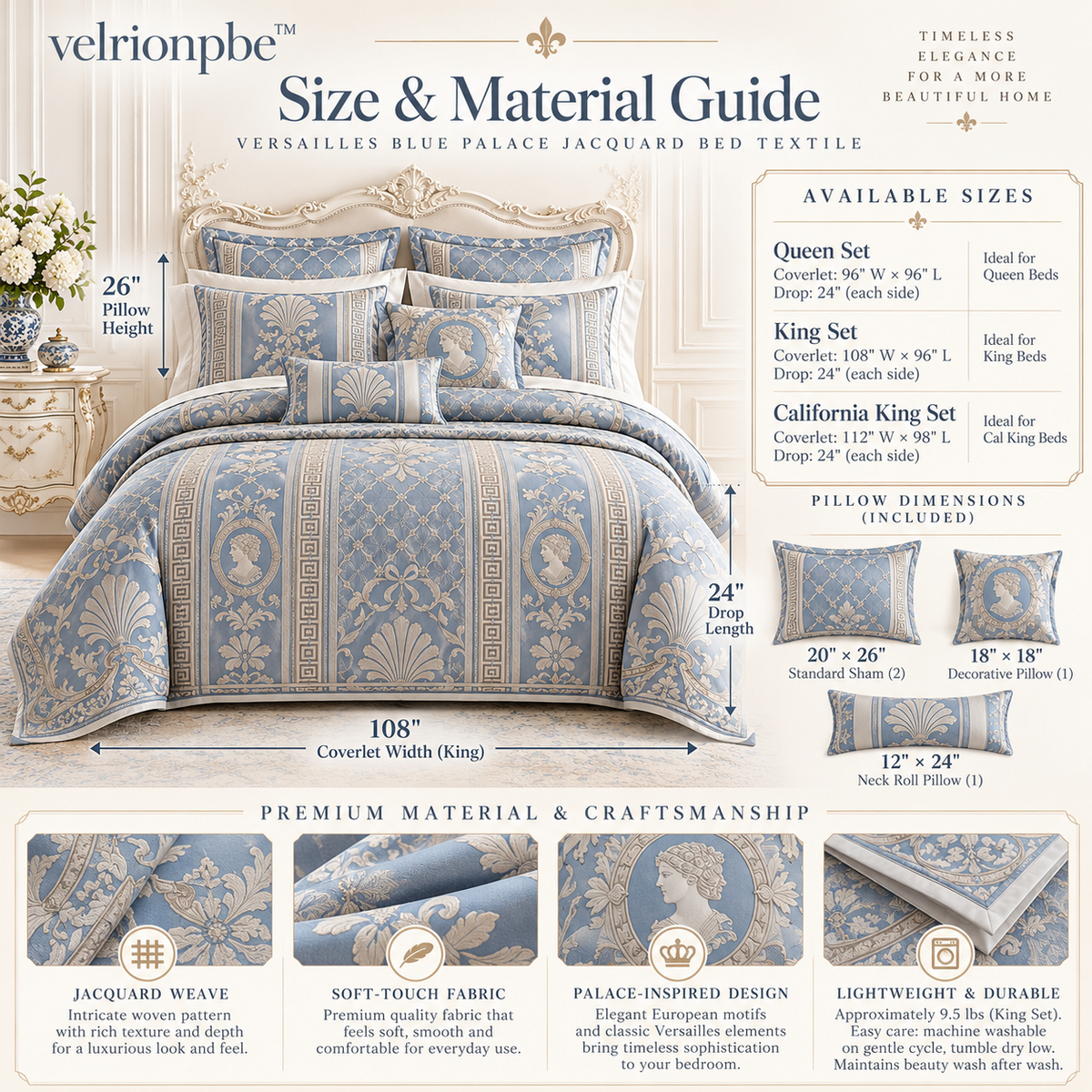 𝒗𝒆𝒍𝒓𝒊𝒐𝒏𝒑𝒃𝒆™ Versailles Blue Palace Jacquard Bed Textile