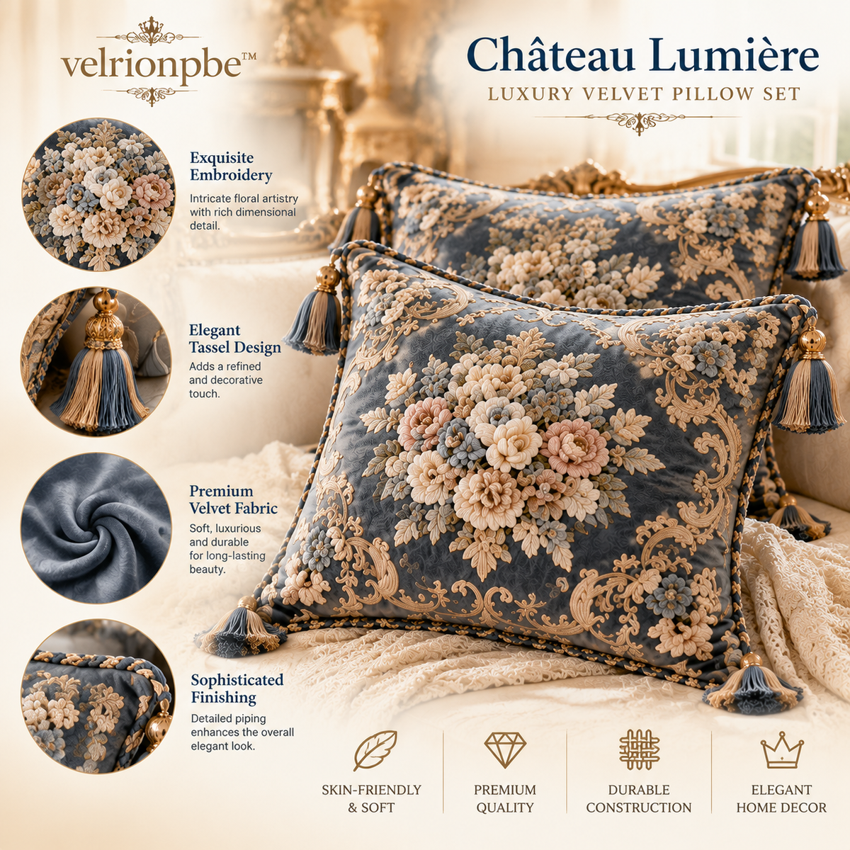 velrionpbe Château Lumière Luxury Velvet Pillow Set